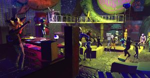 A scene from the Rust virtual reality nightclub in High Fidelity.
