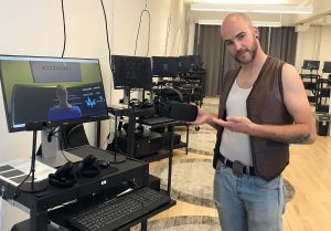 Jackson Bigelow shows off the Microsoft HoloLens setup in the High Fidelity studio in San Francisco.