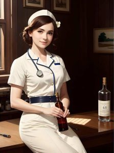 A WW2 nurse holding a liquor bottle, created by Stable Diffusion.